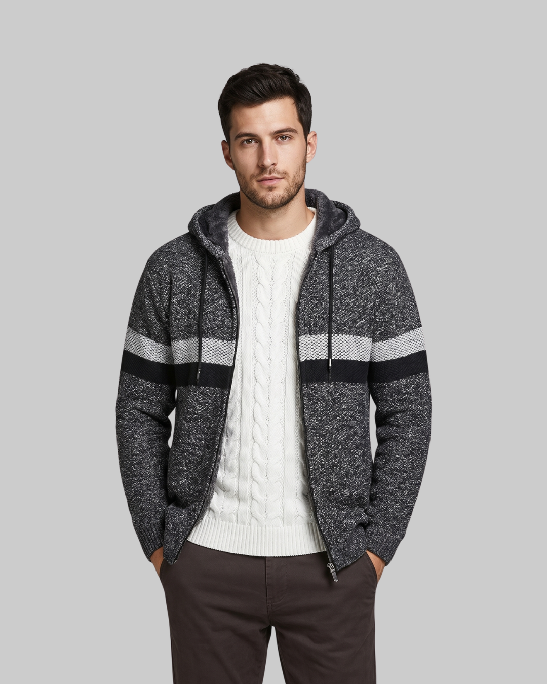 Men's Thick Knit Zip Hoodie in dark grey.
