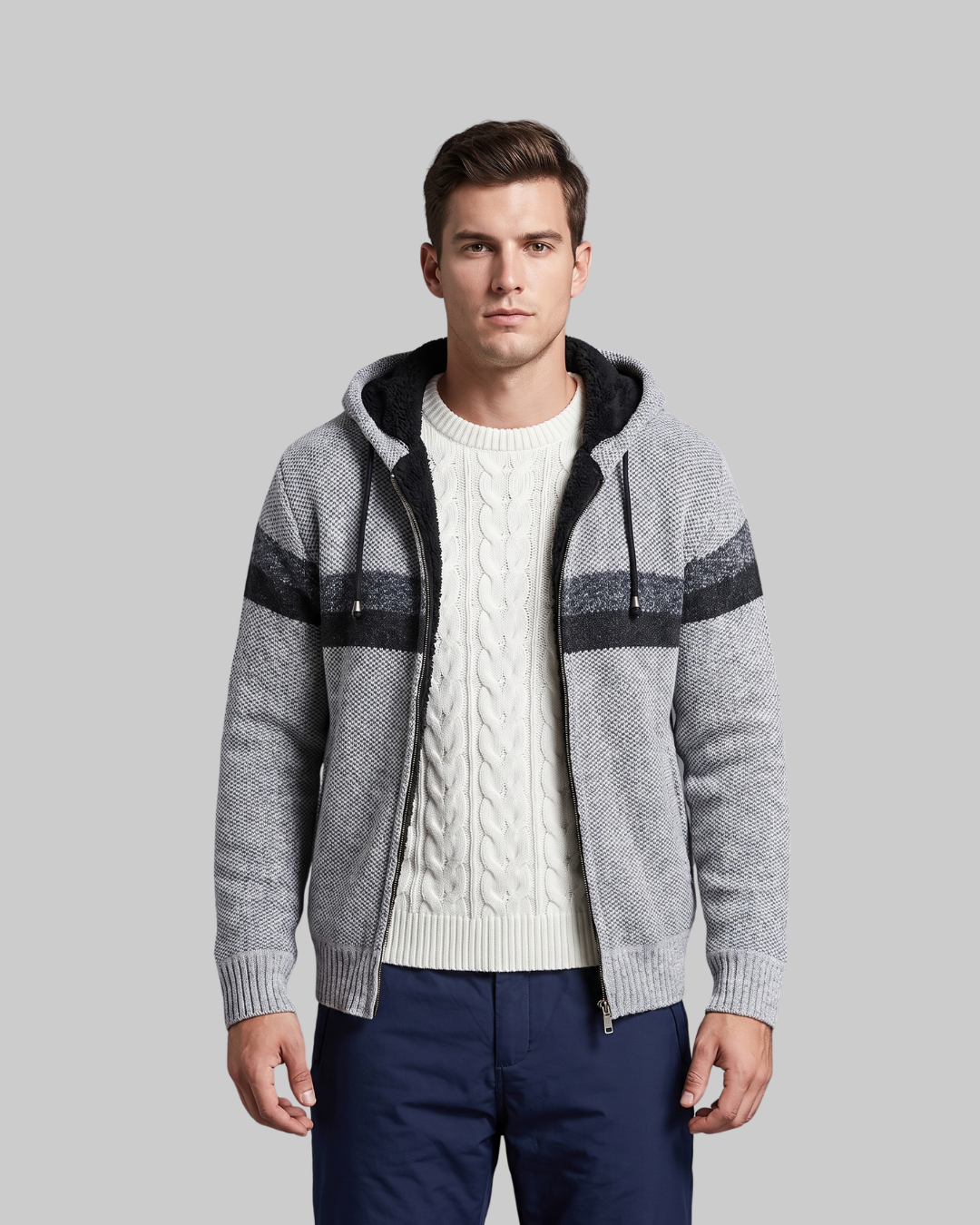 Men's Thick Knit Zip Hoodie in light grey.