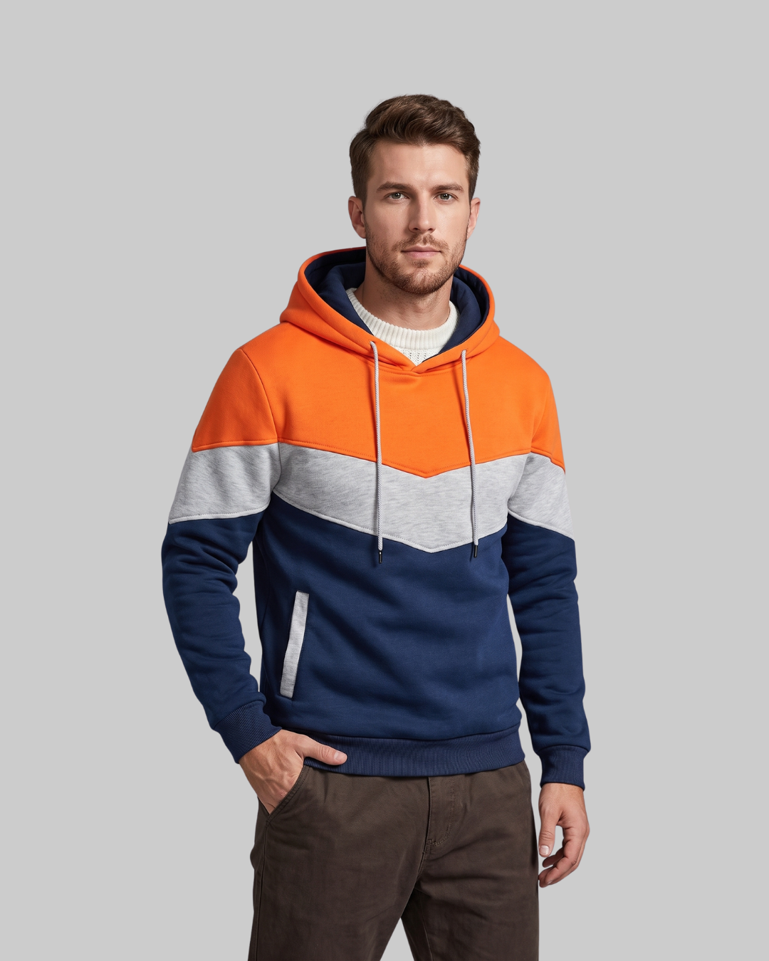 Men's Three Tone Pullover Hoodie in orange.