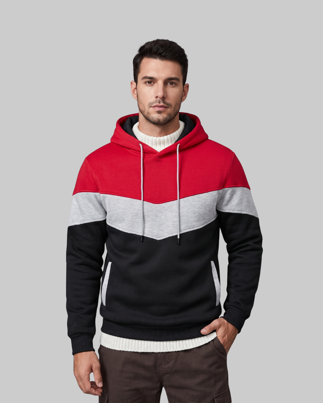Men's Three Tone Pullover Hoodie in red.