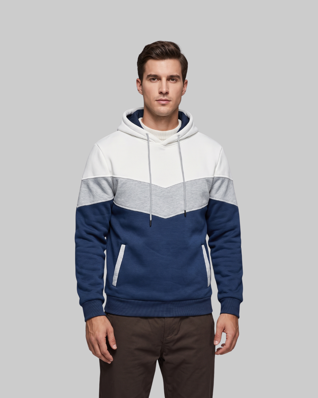 Men's Three Tone Pullover Hoodie in white.