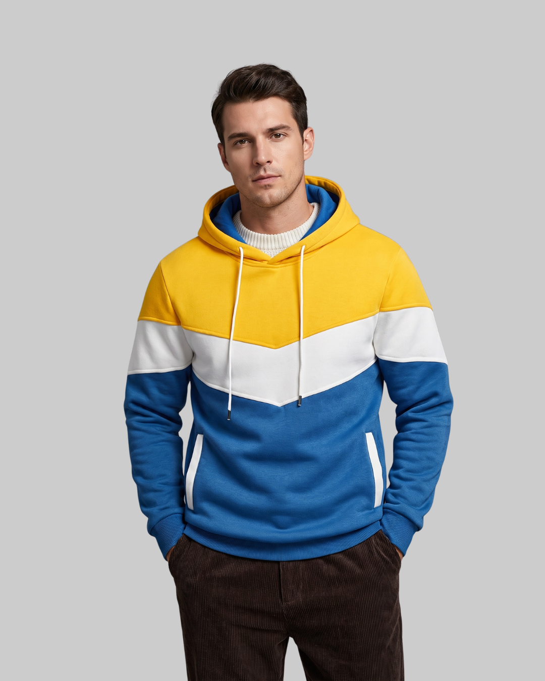 Men's Three Tone Pullover Hoodie in yellow.