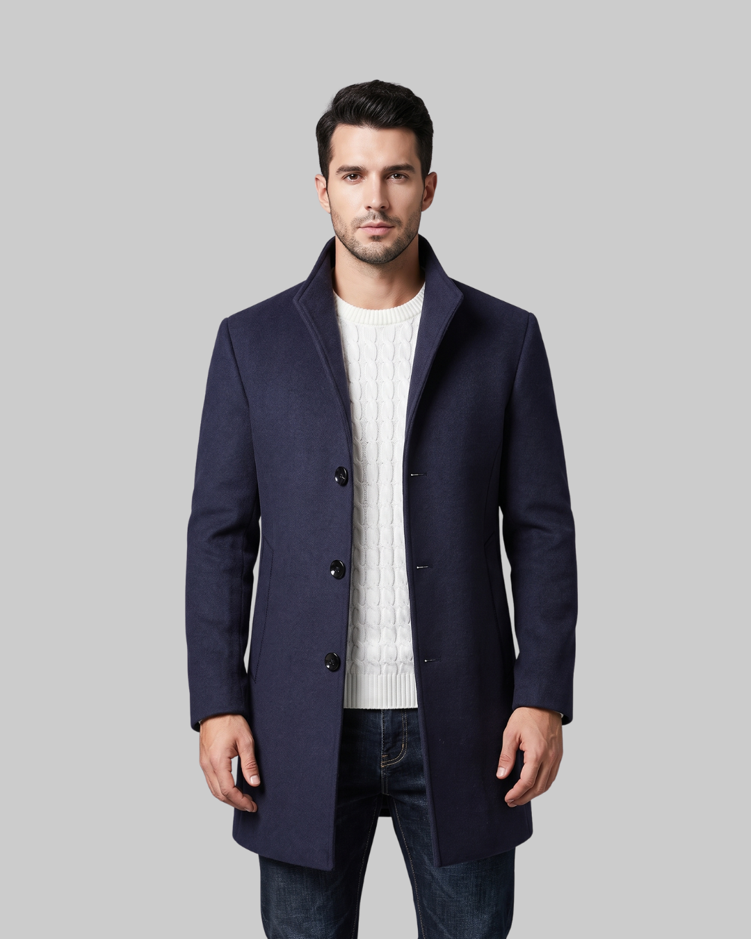 Men's Three-Button Tailored Coat in blue.