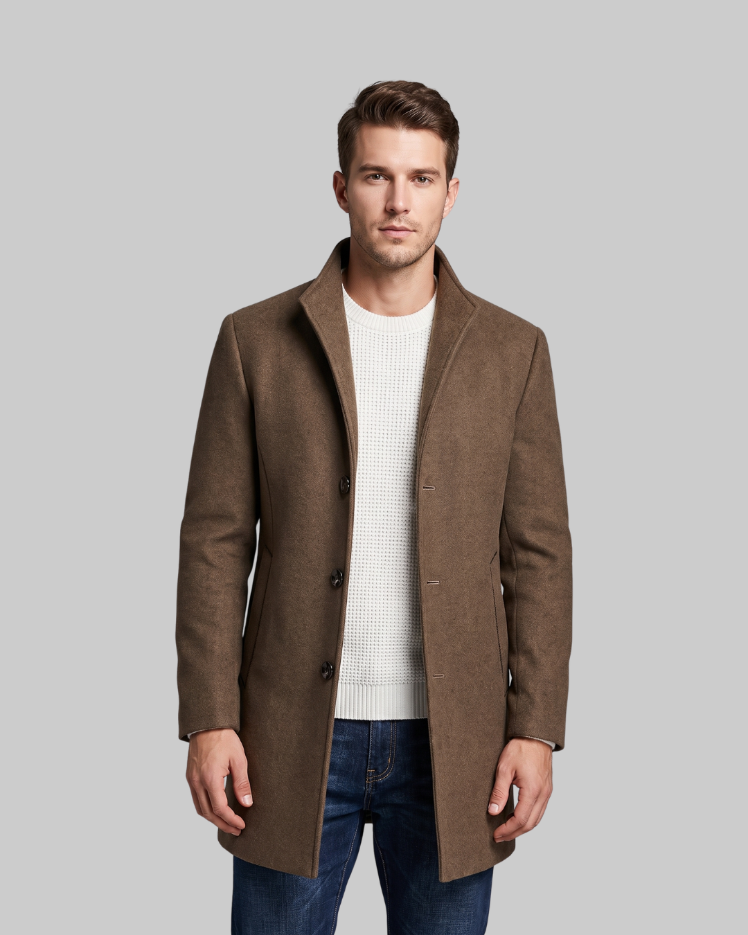 Men's Three-Button Tailored Coat in coffee.
