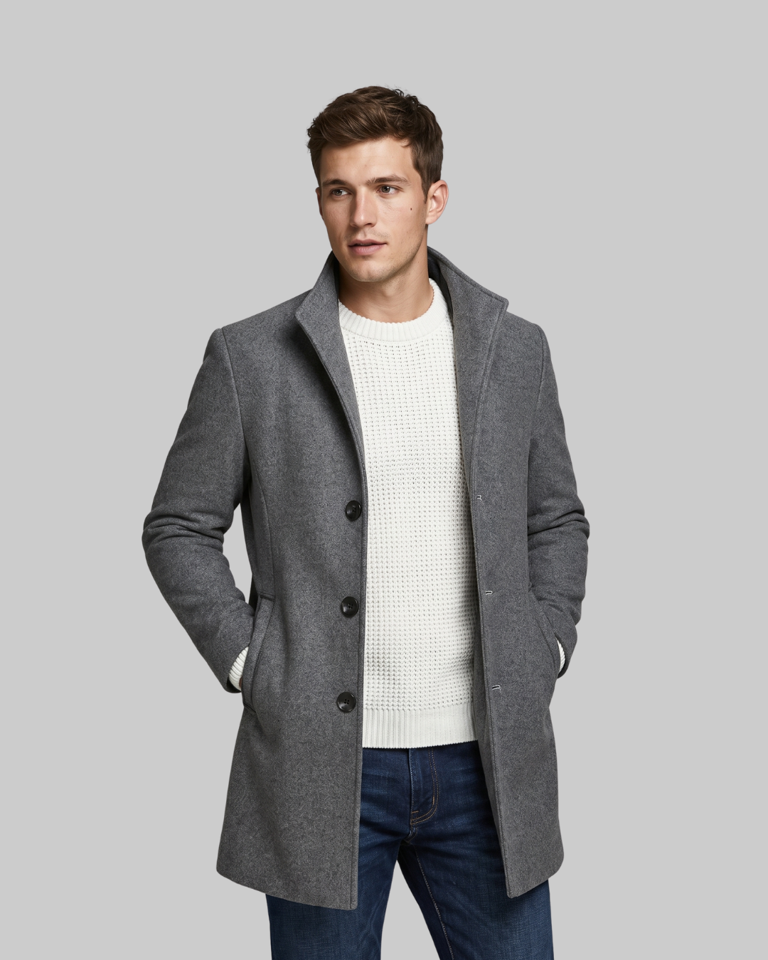 Men's Three-Button Tailored Coat in grey.