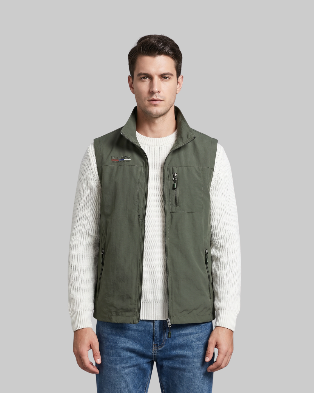 Men's Three-Pocket Utility Vest in army green.