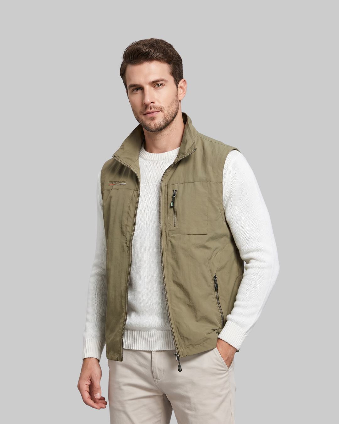 Men's Three-Pocket Utility Vest in khaki.
