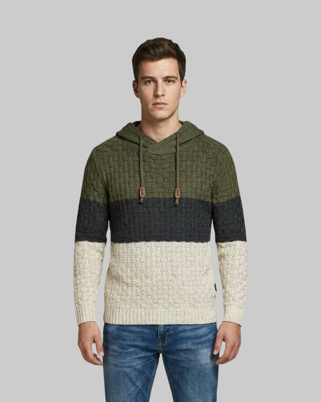 Men's Triple Tone Knit Hoodie in army green.