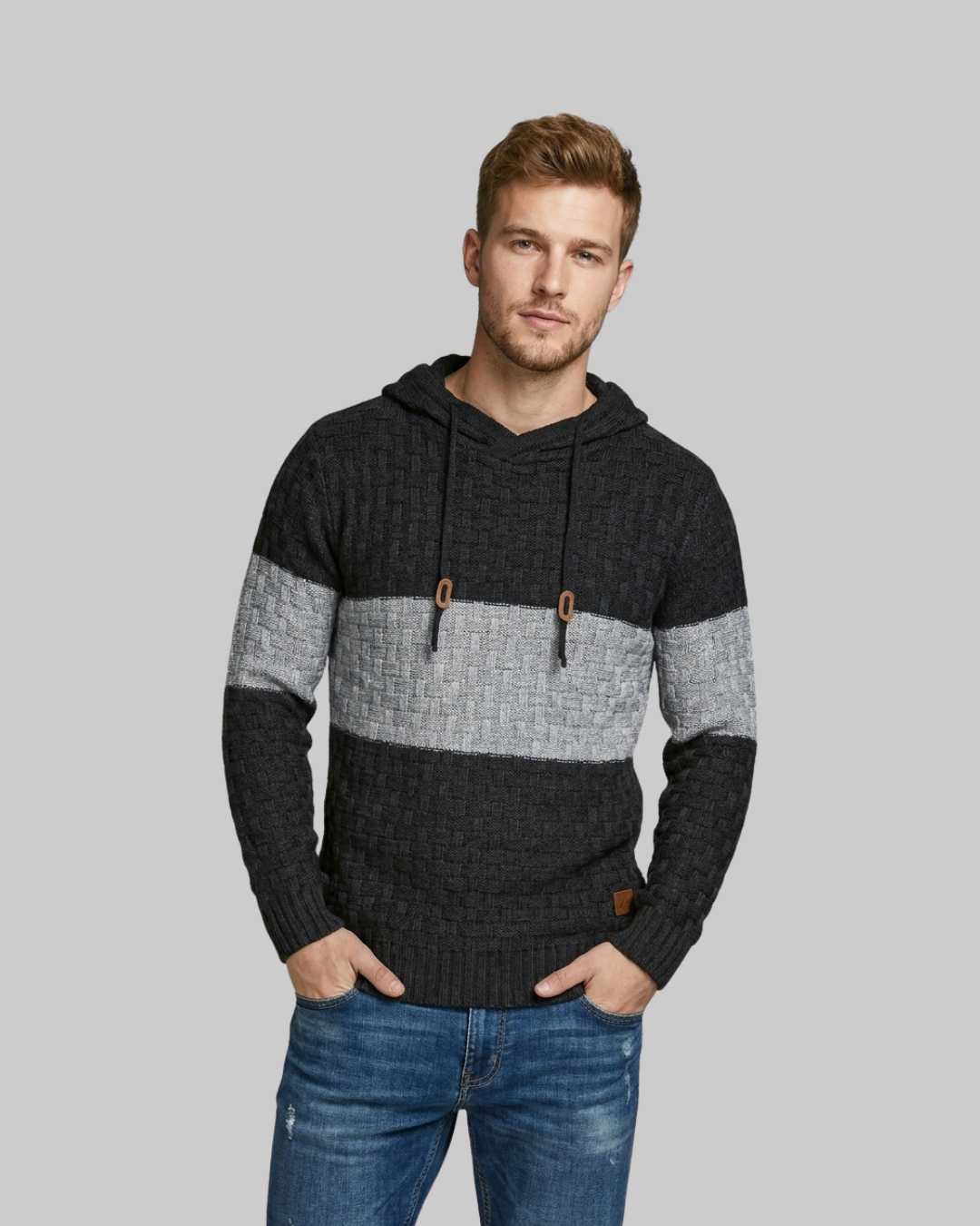 Men's Triple Tone Knit Hoodie in black.