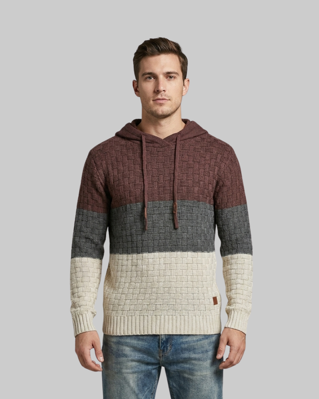 Men's Triple Tone Knit Hoodie in dark grey.