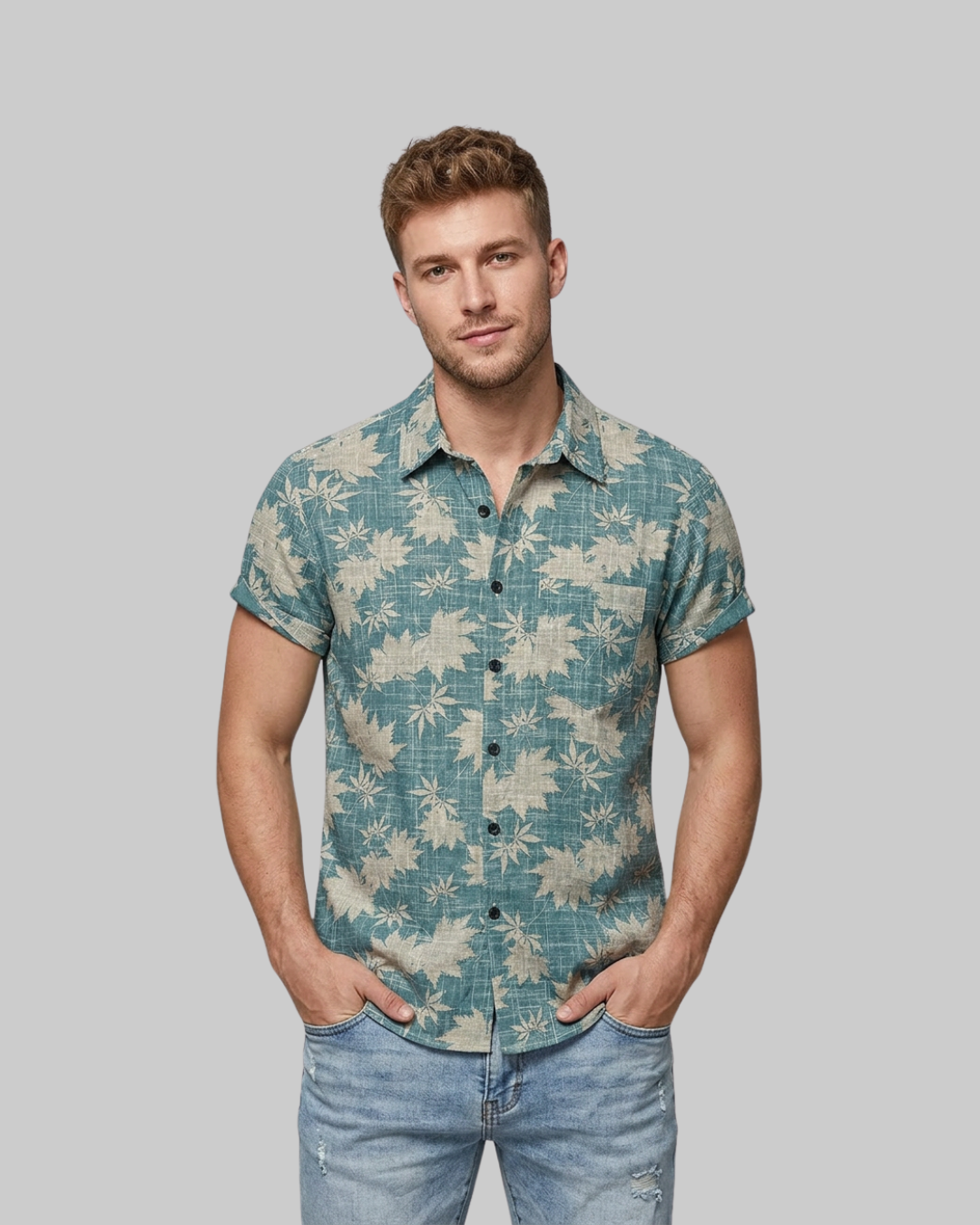 Men's Tropical Print Button-Up Shirt in blue.