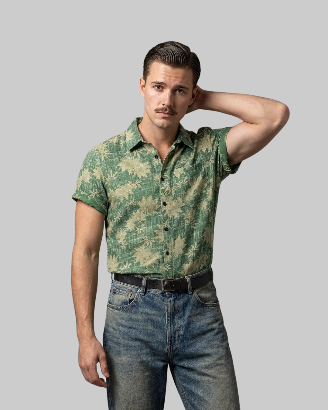 Men's Tropical Print Button-Up Shirt in green.