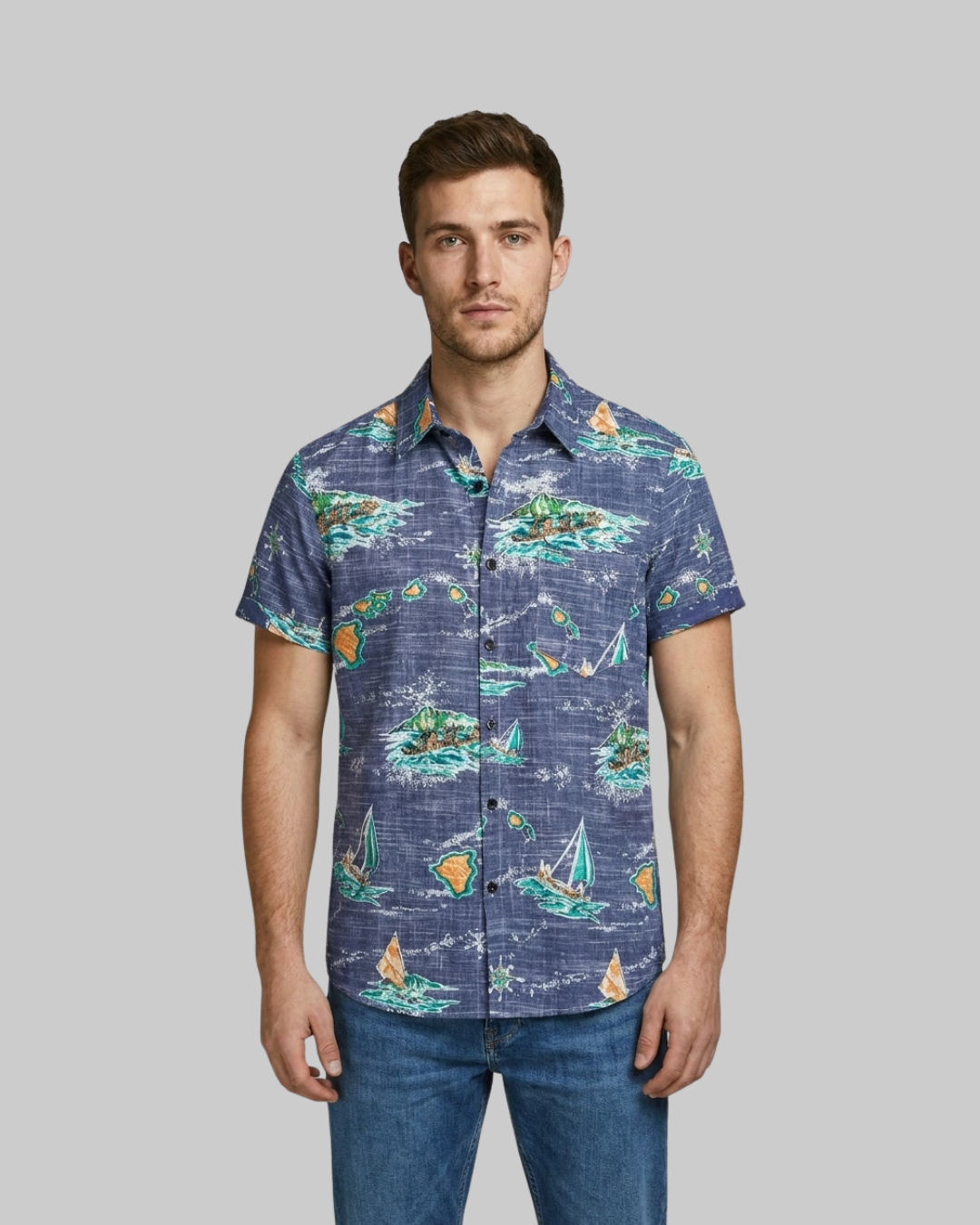 Men's Tropical Print Button-Up Shirt in navy.