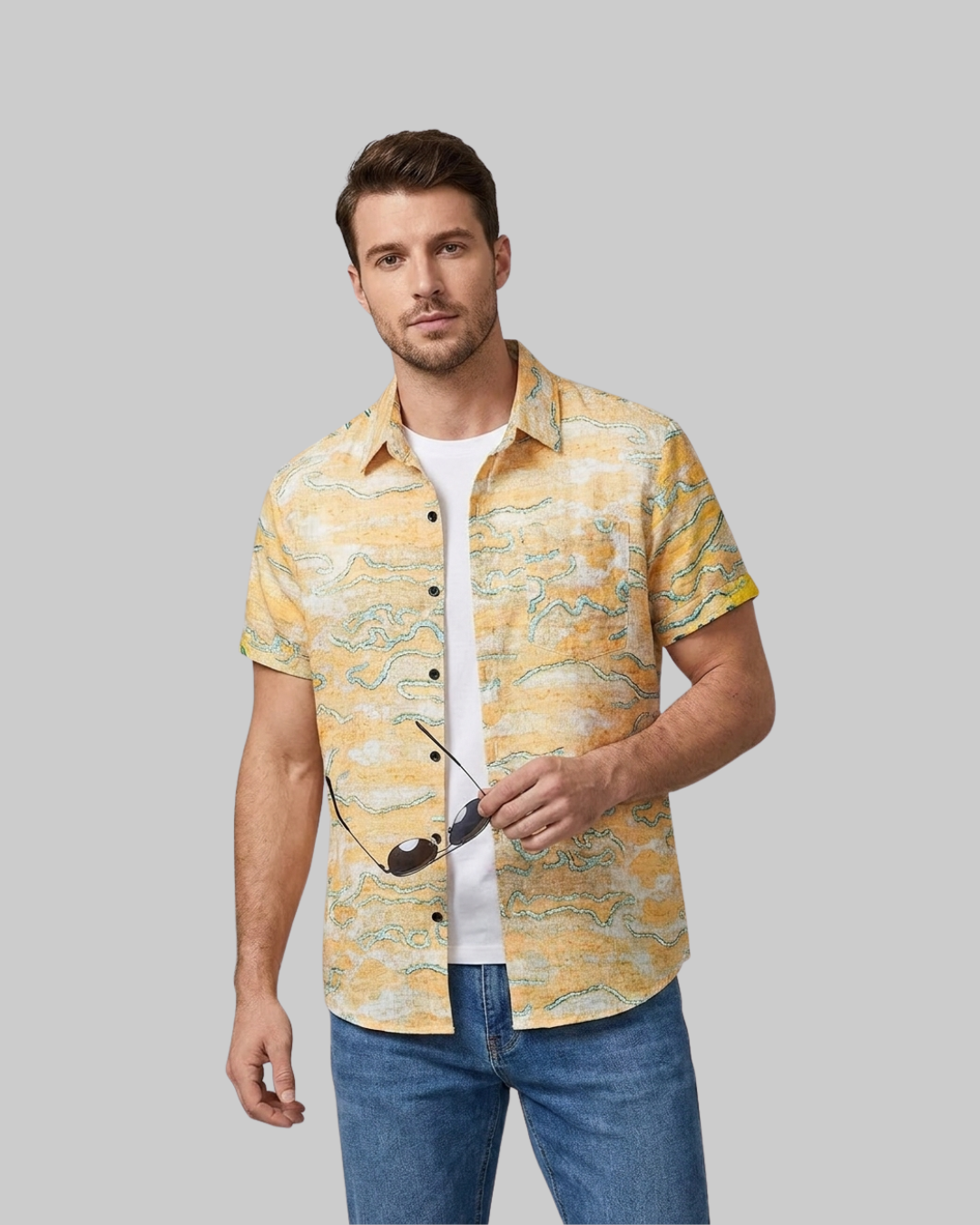 Men's Tropical Print Button-Up Shirt in yellow.