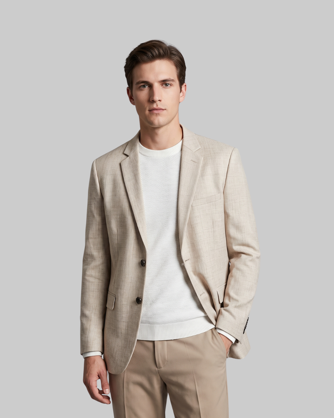 Men's Two-Button Business Blazer in beige.