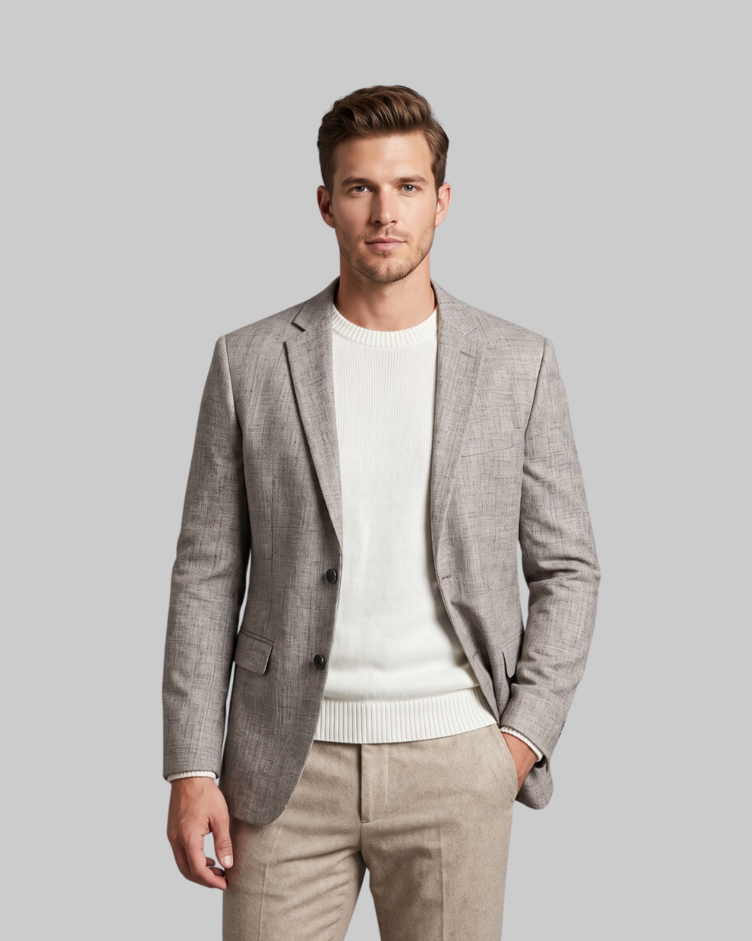Men's Two-Button Business Blazer in light grey.