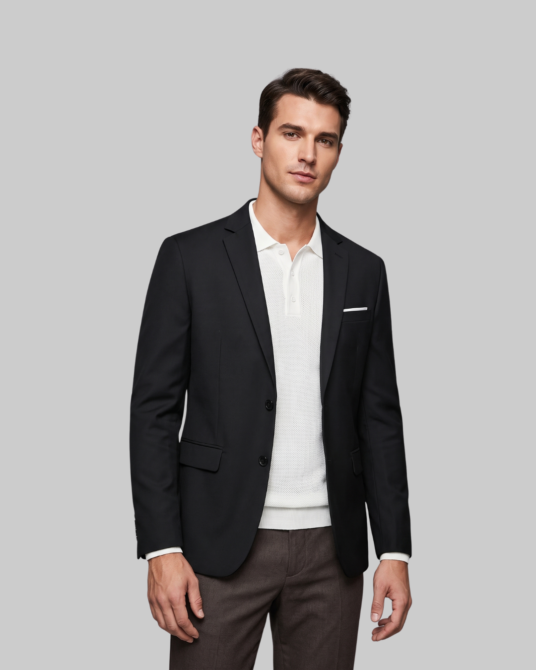 Men's Two Button Tailored Blazer in black.