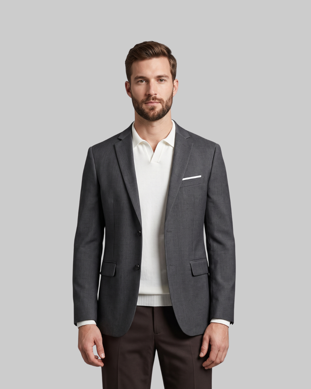 Men's Two Button Tailored Blazer in grey.