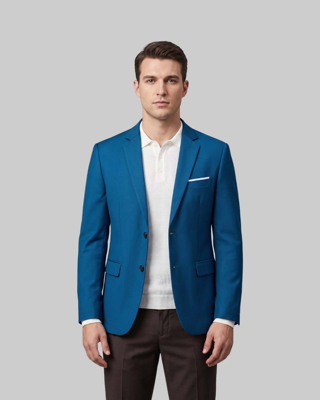 Men's Two Button Tailored Blazer in lake blue.