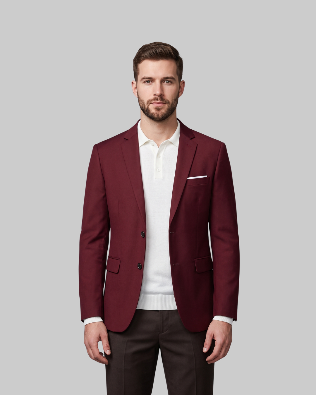 Men's Two Button Tailored Blazer in wine red.
