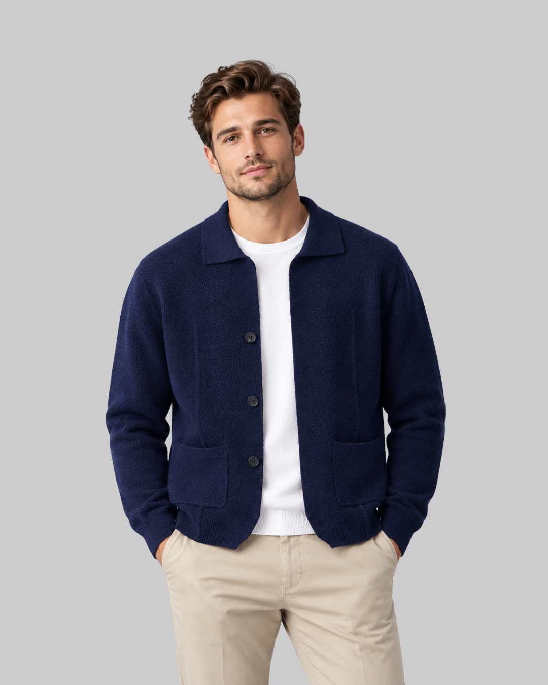 Men's Two-Pocket Collared Cardigan in dark blue.