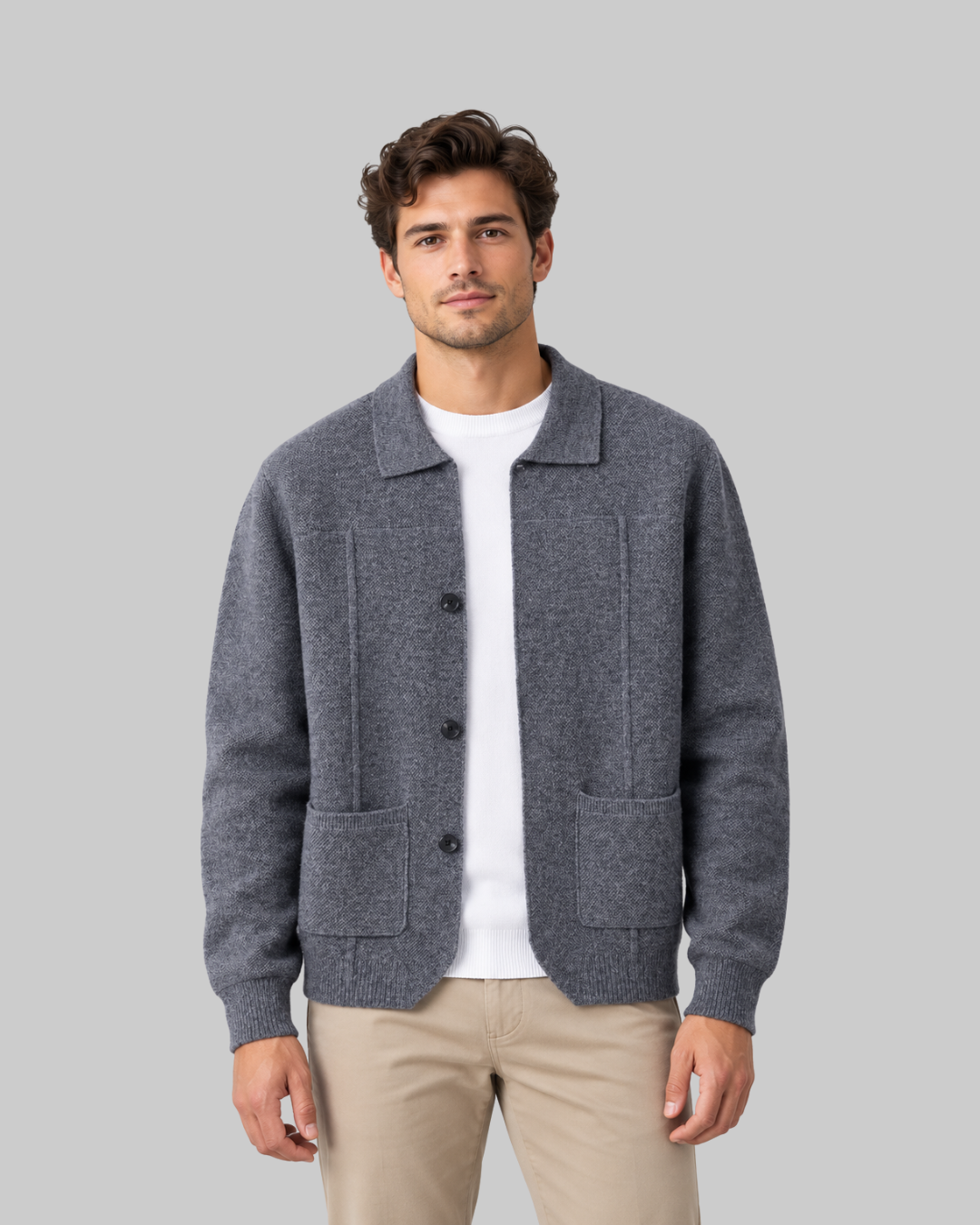 Men's Two-Pocket Collared Cardigan in dark grey.