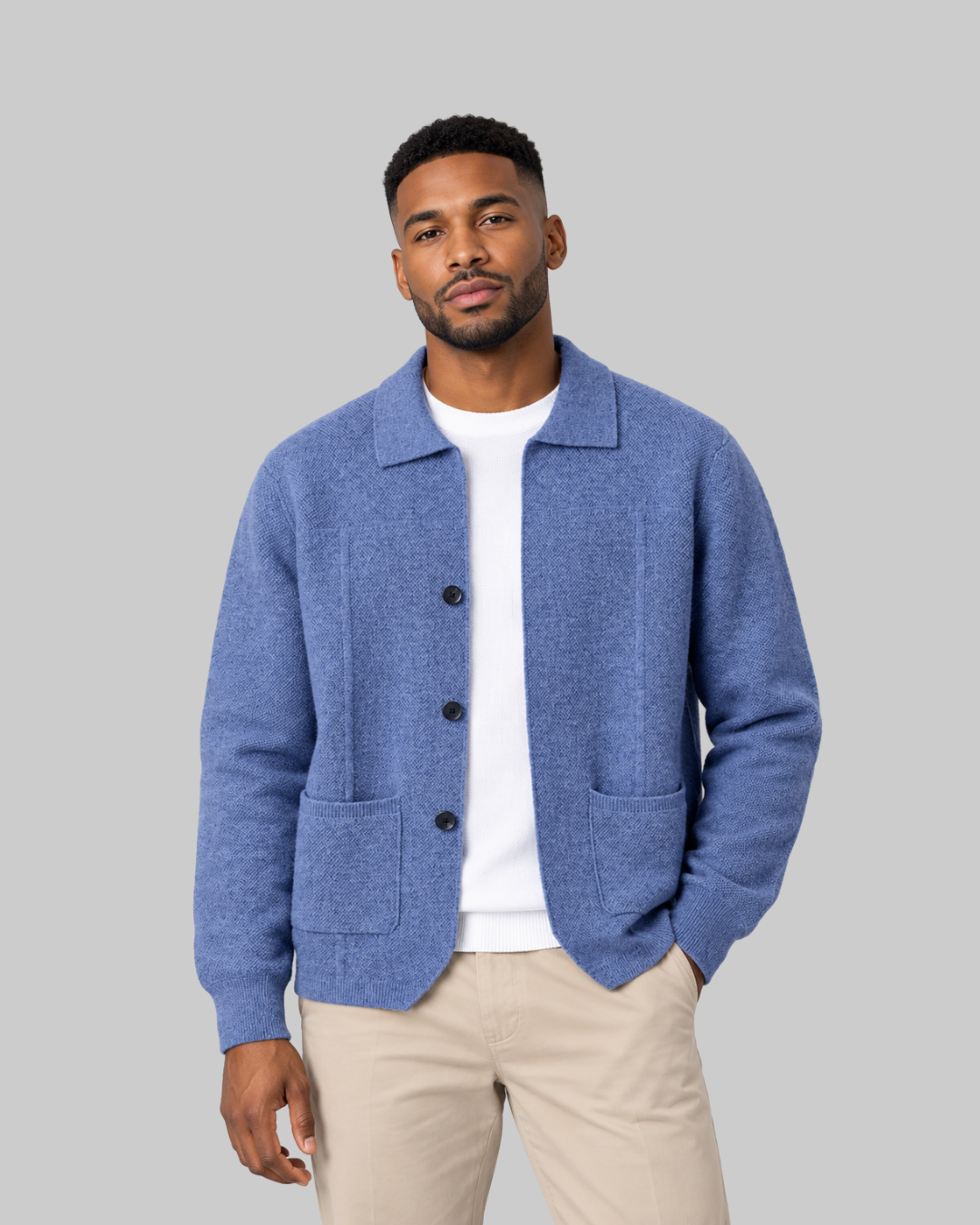 Men's Two-Pocket Collared Cardigan in noble blue.