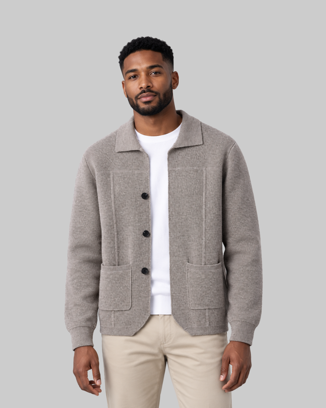Men's Two-Pocket Collared Cardigan in velvet camel.