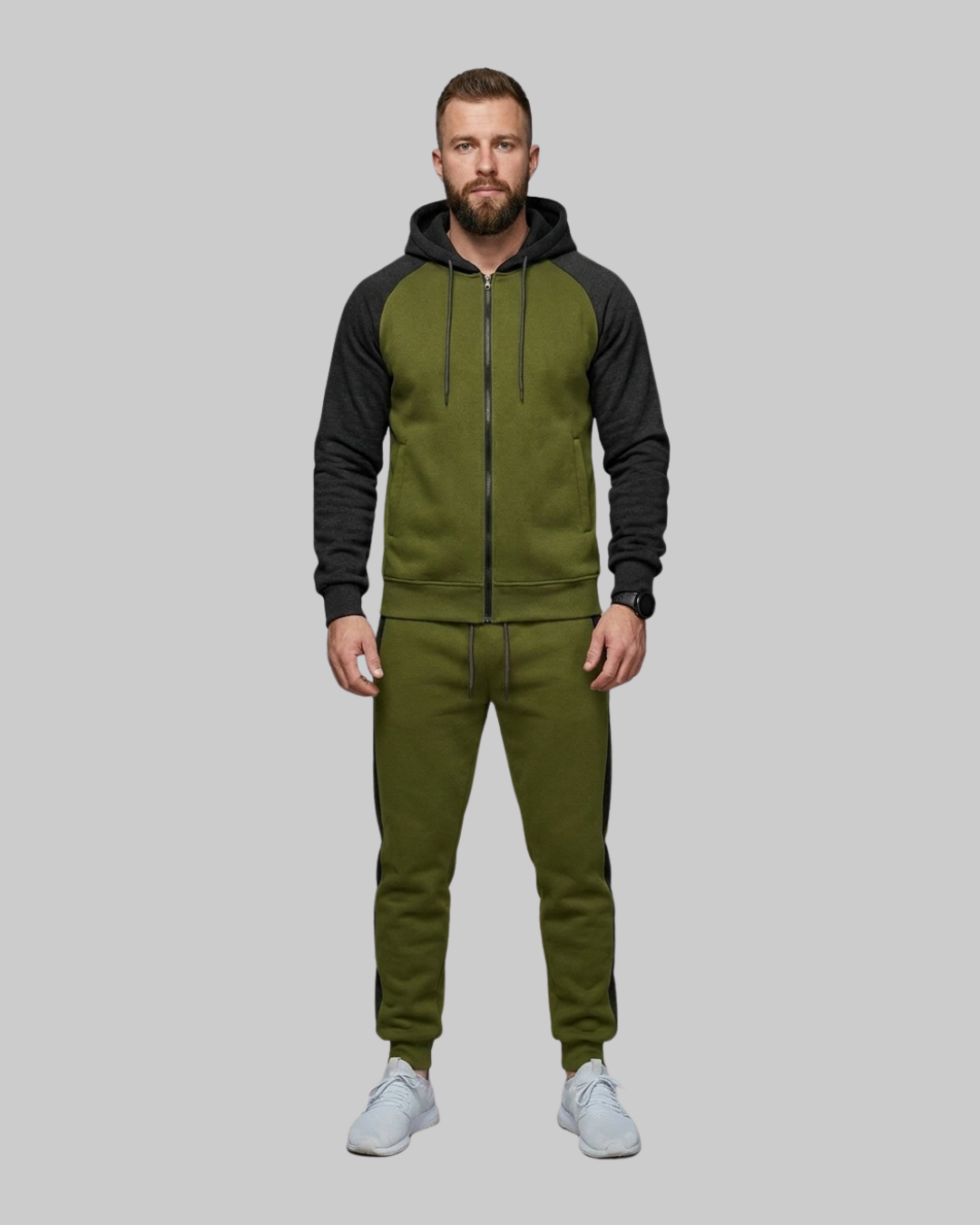 Men's Two Tone Hoodie Tracksuit Set in army green.