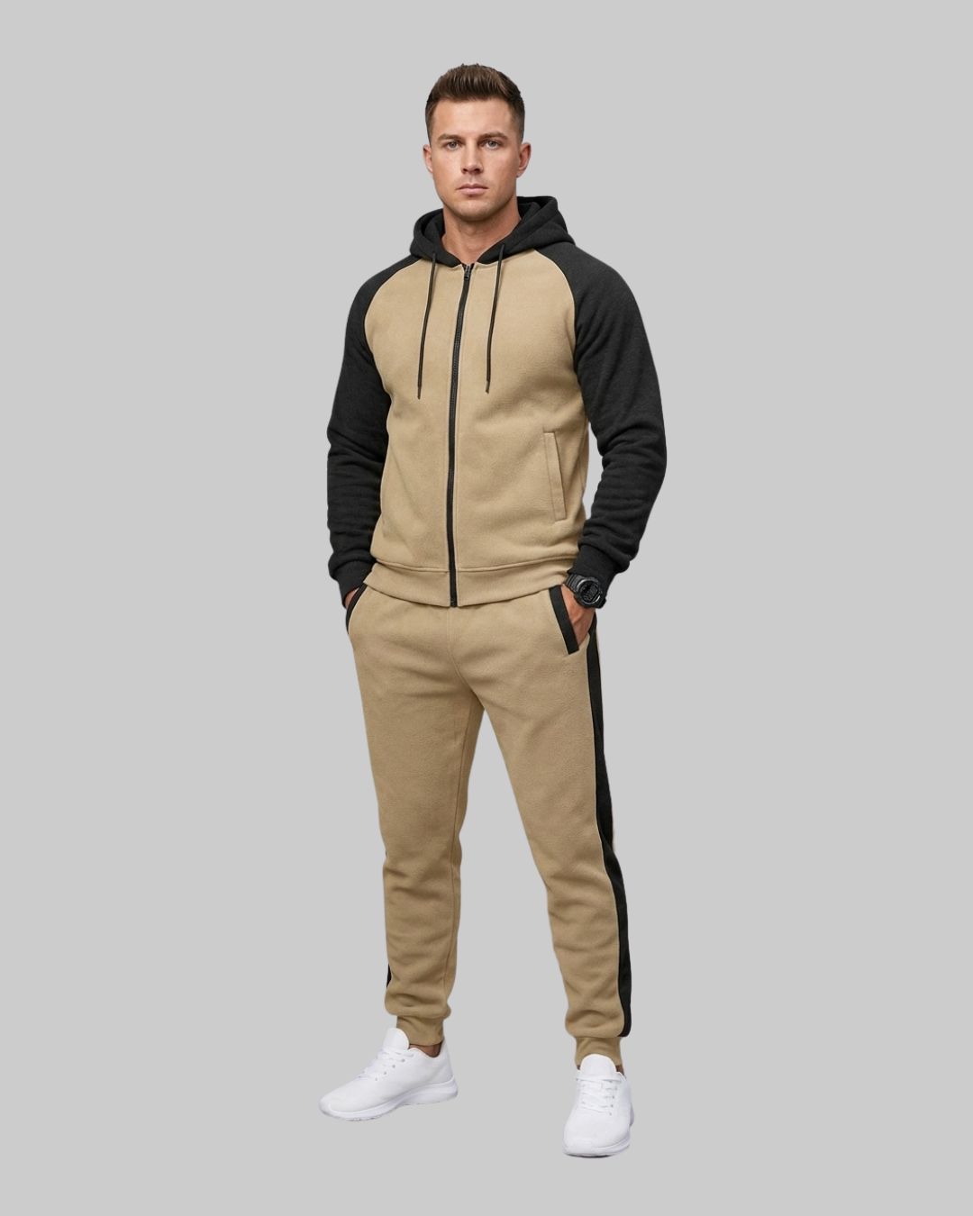 Men's Two Tone Hoodie Tracksuit Set in khaki.