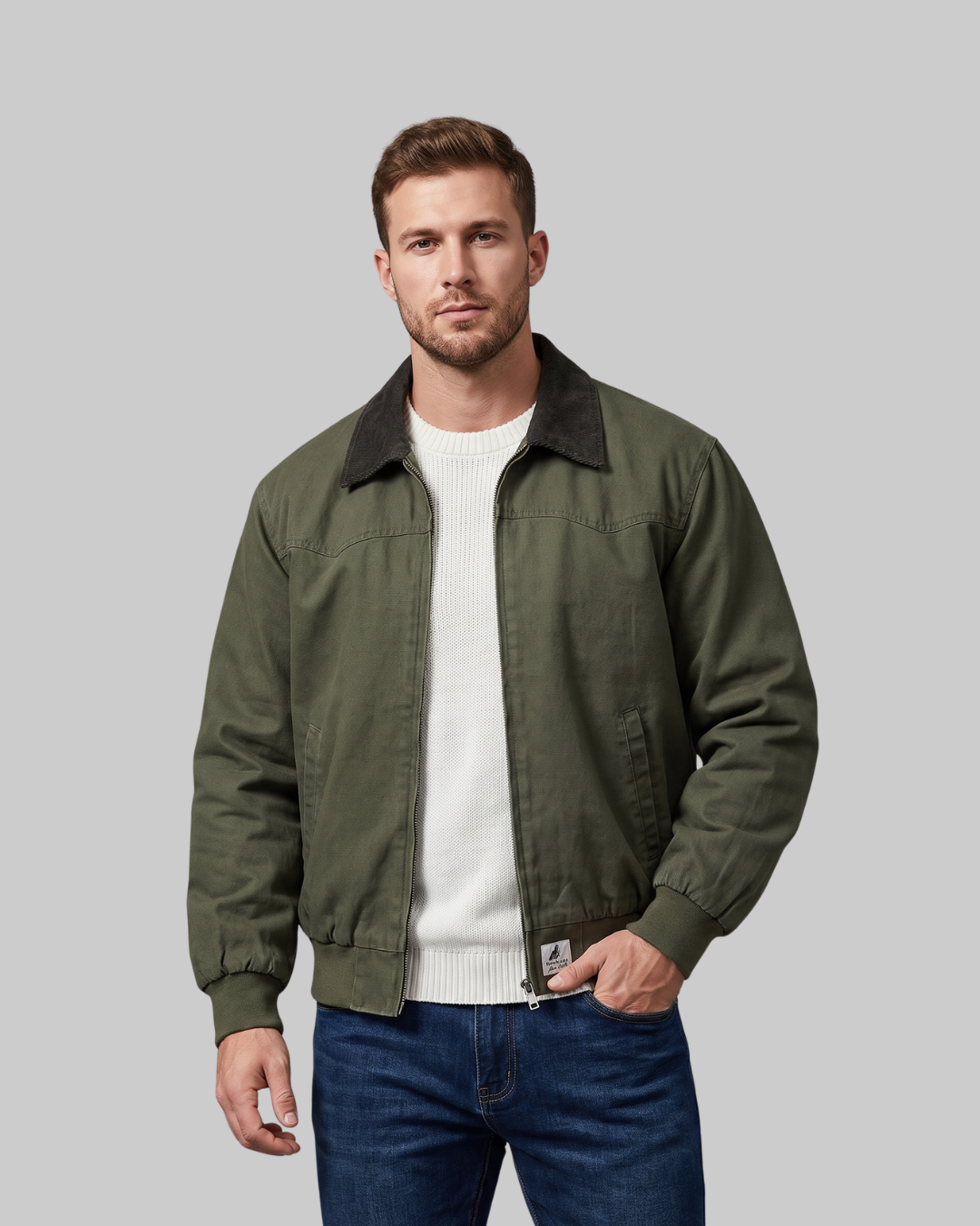 Men's Utility Bomber Jacket in army green.