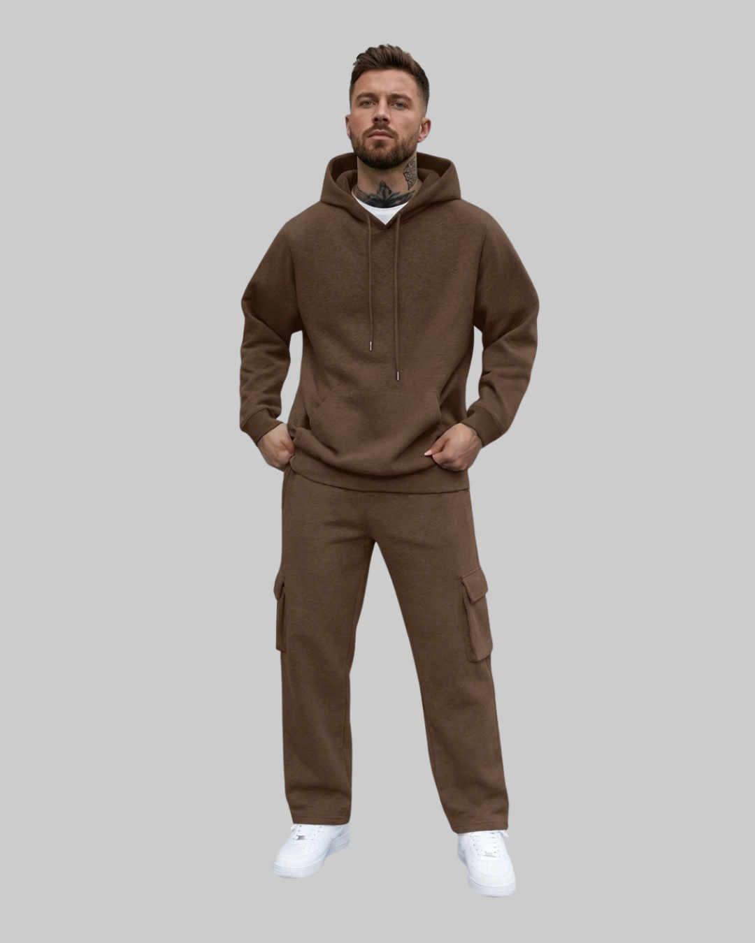 Men's Utility Hoodie Tracksuit Set in Brown