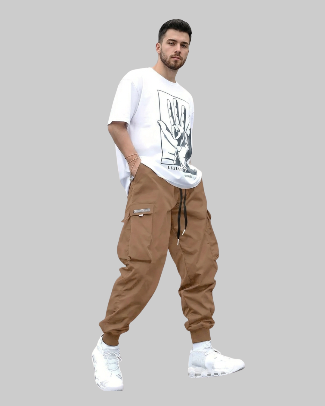 Men's Utility Pocket Jogger Pants in dark brown.