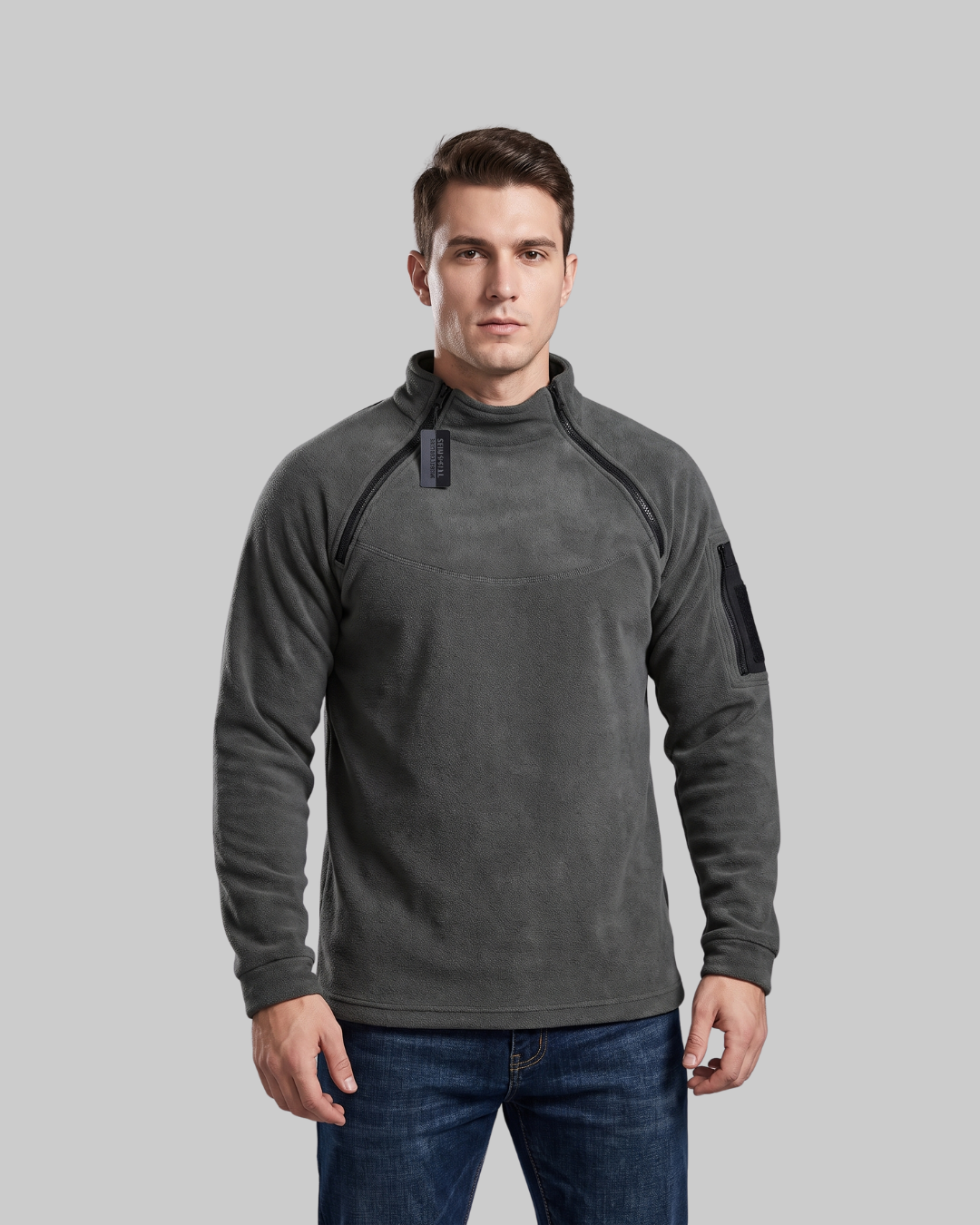 Men's Utility Zip Collar Sweater in dark grey.