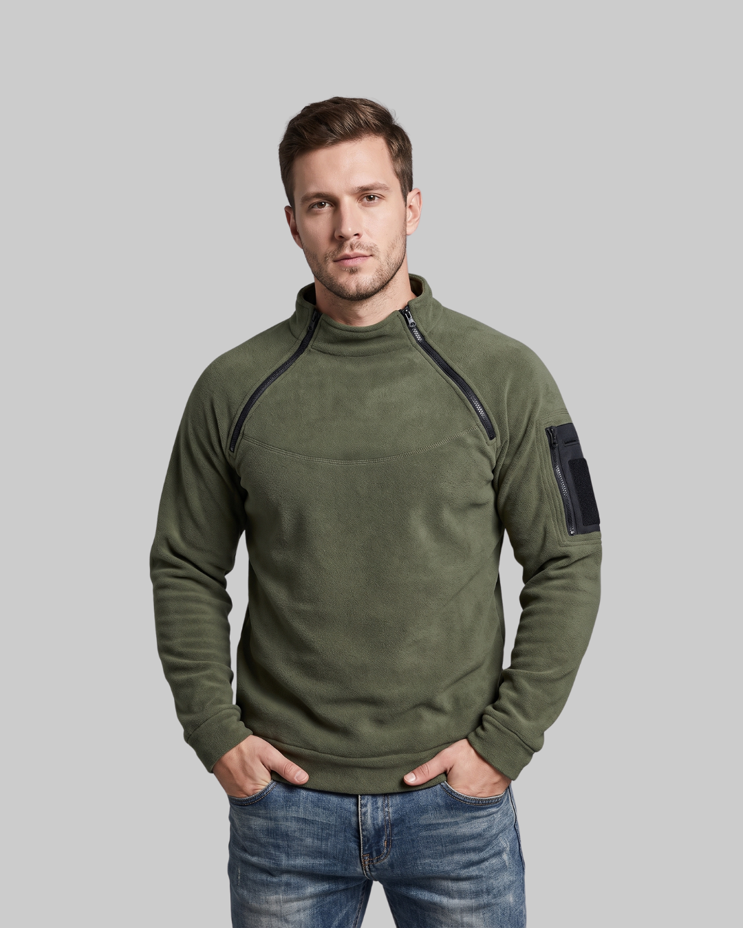 Men's Utility Zip Collar Sweater in green.