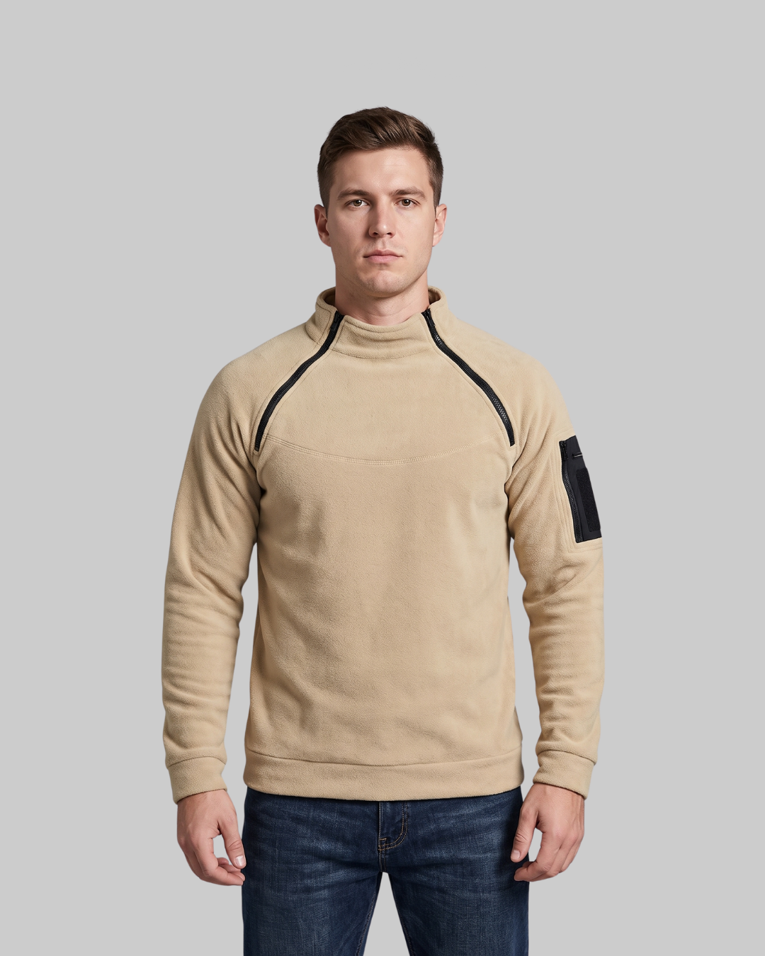 Men's Utility Zip Collar Sweater in khaki.