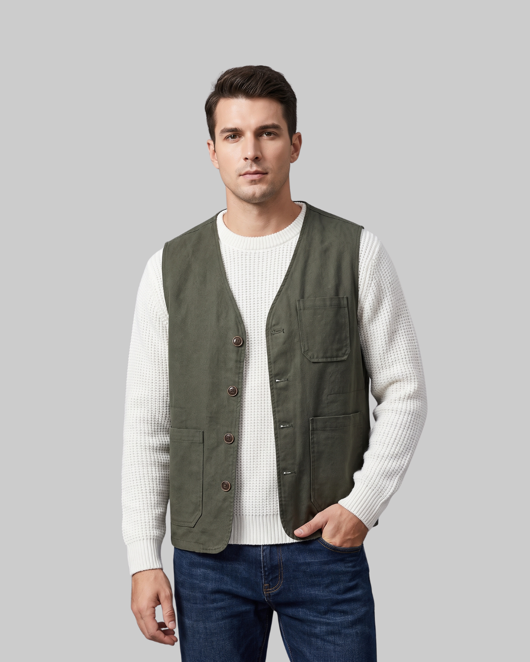 Men's V-Neck Utility Vest in army green.