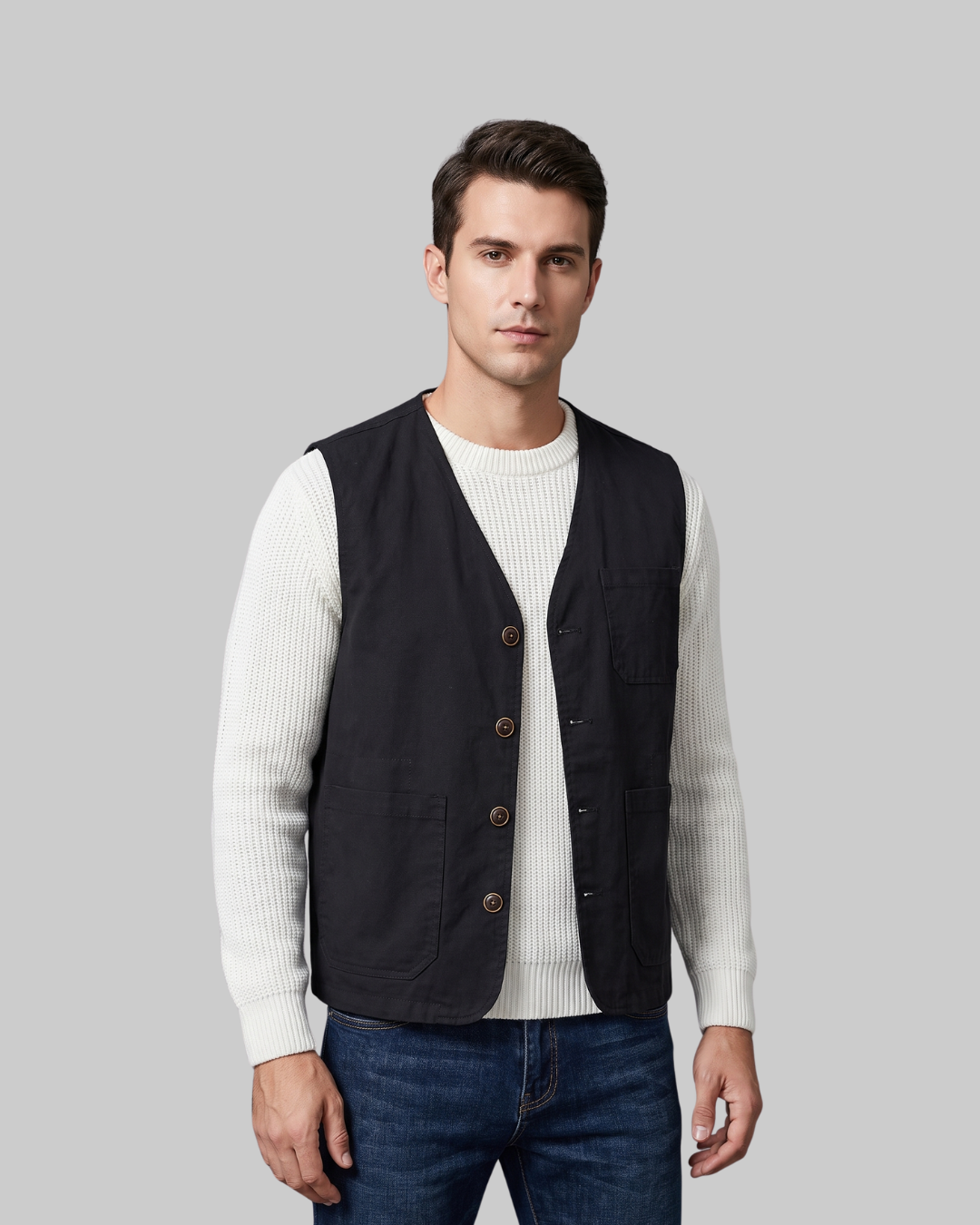 Men's V-Neck Utility Vest in black.