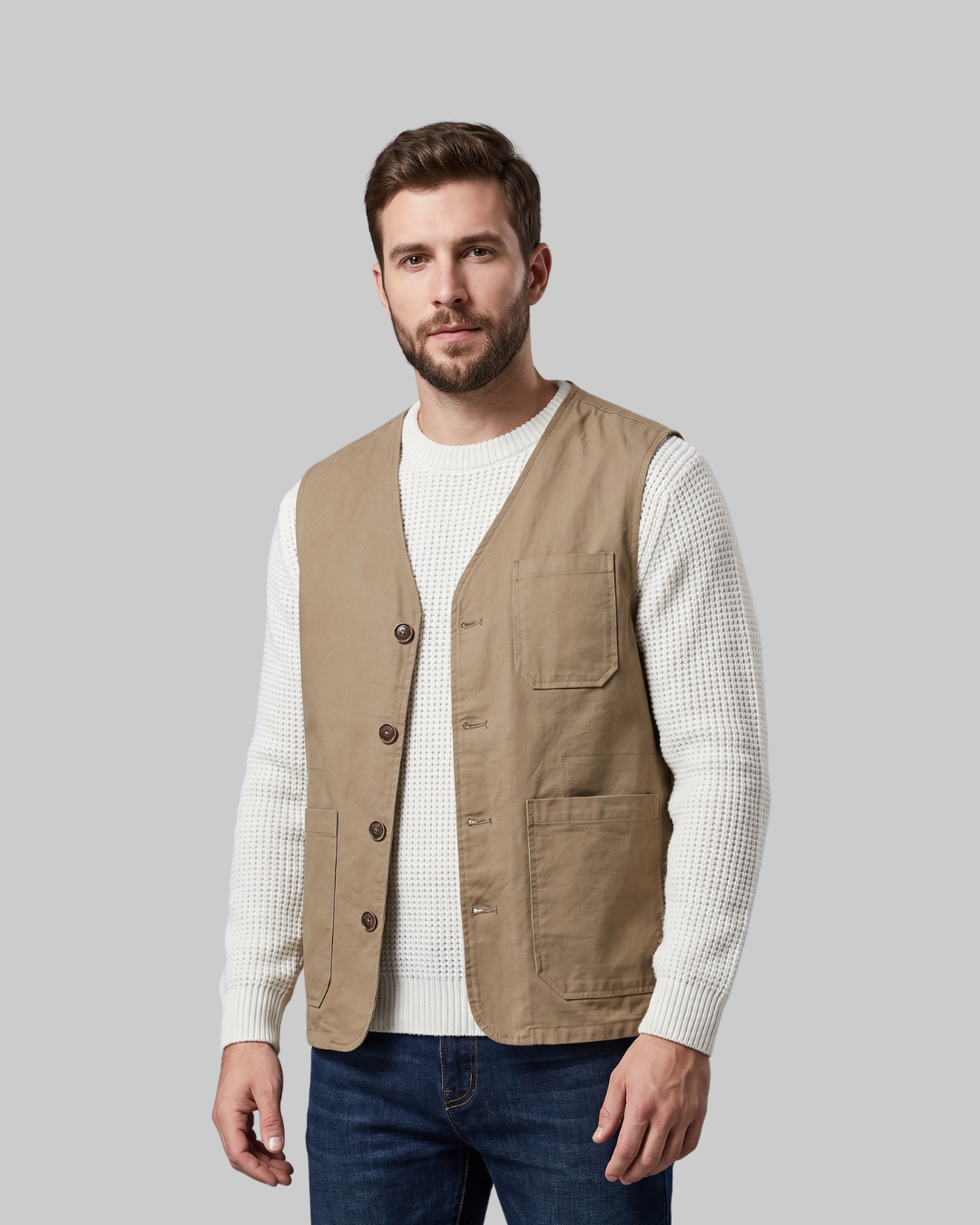Men's V-Neck Utility Vest in khaki.