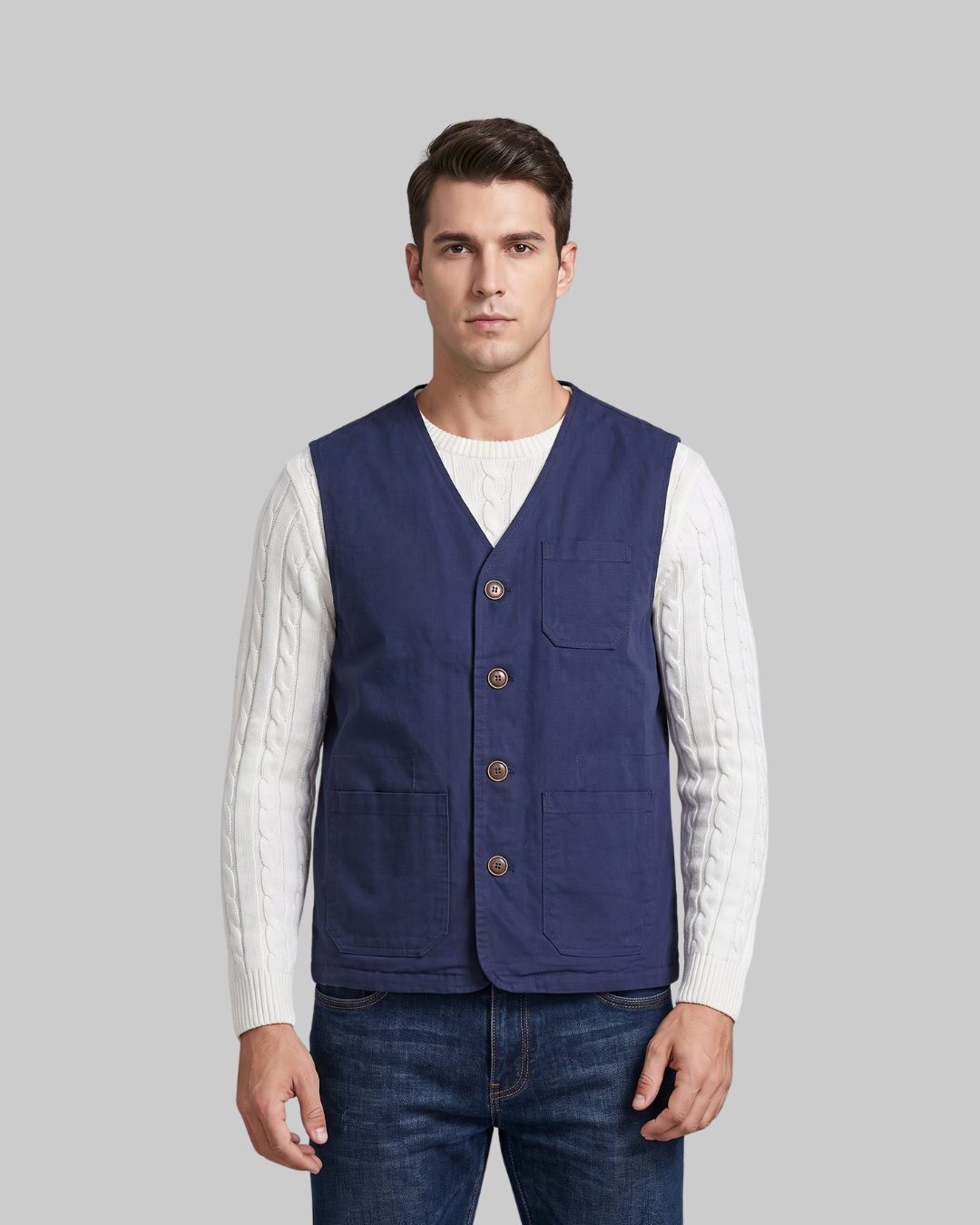 Men's V-Neck Utility Vest in navy blue.