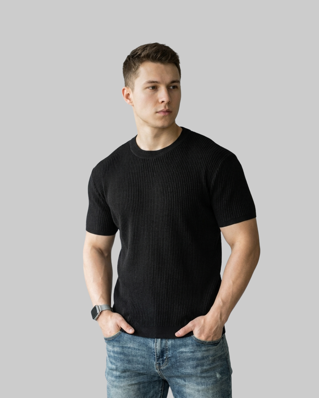 Men's Vertical Rib Knit T-Shirt in black.