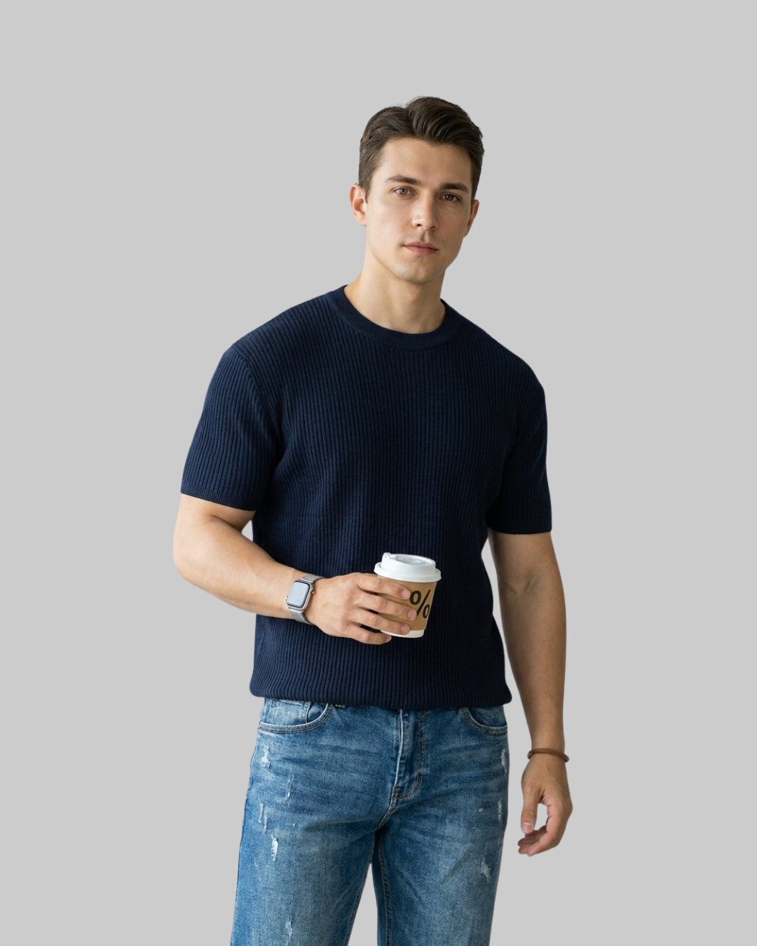 Men's Vertical Rib Knit T-Shirt in blue.