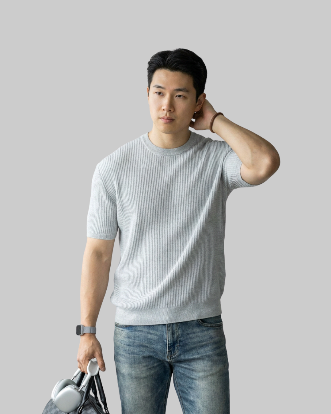 Men's Vertical Rib Knit T-Shirt in grey.
