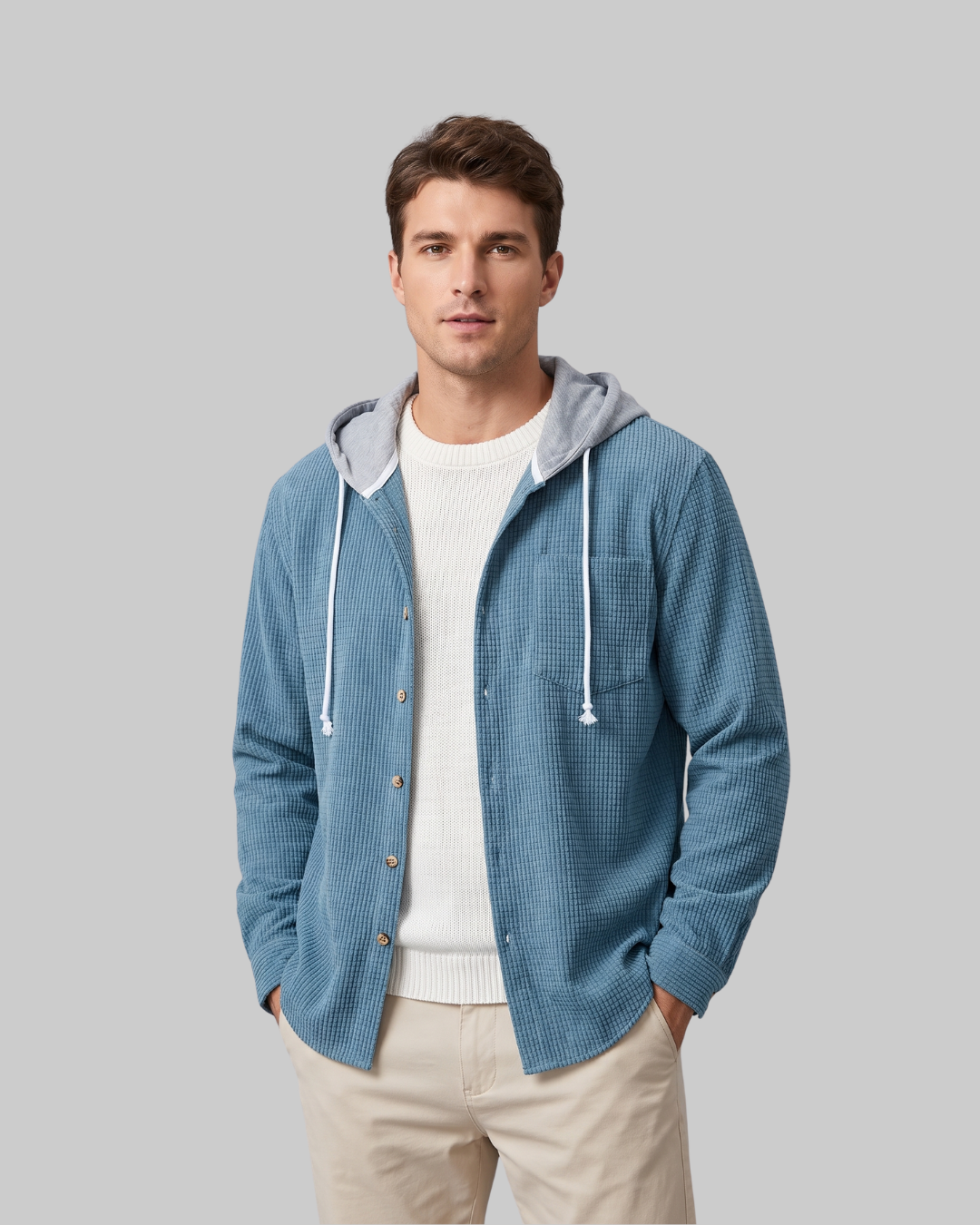Men's Waffle Button-Front Hoodie in sapphire blue.