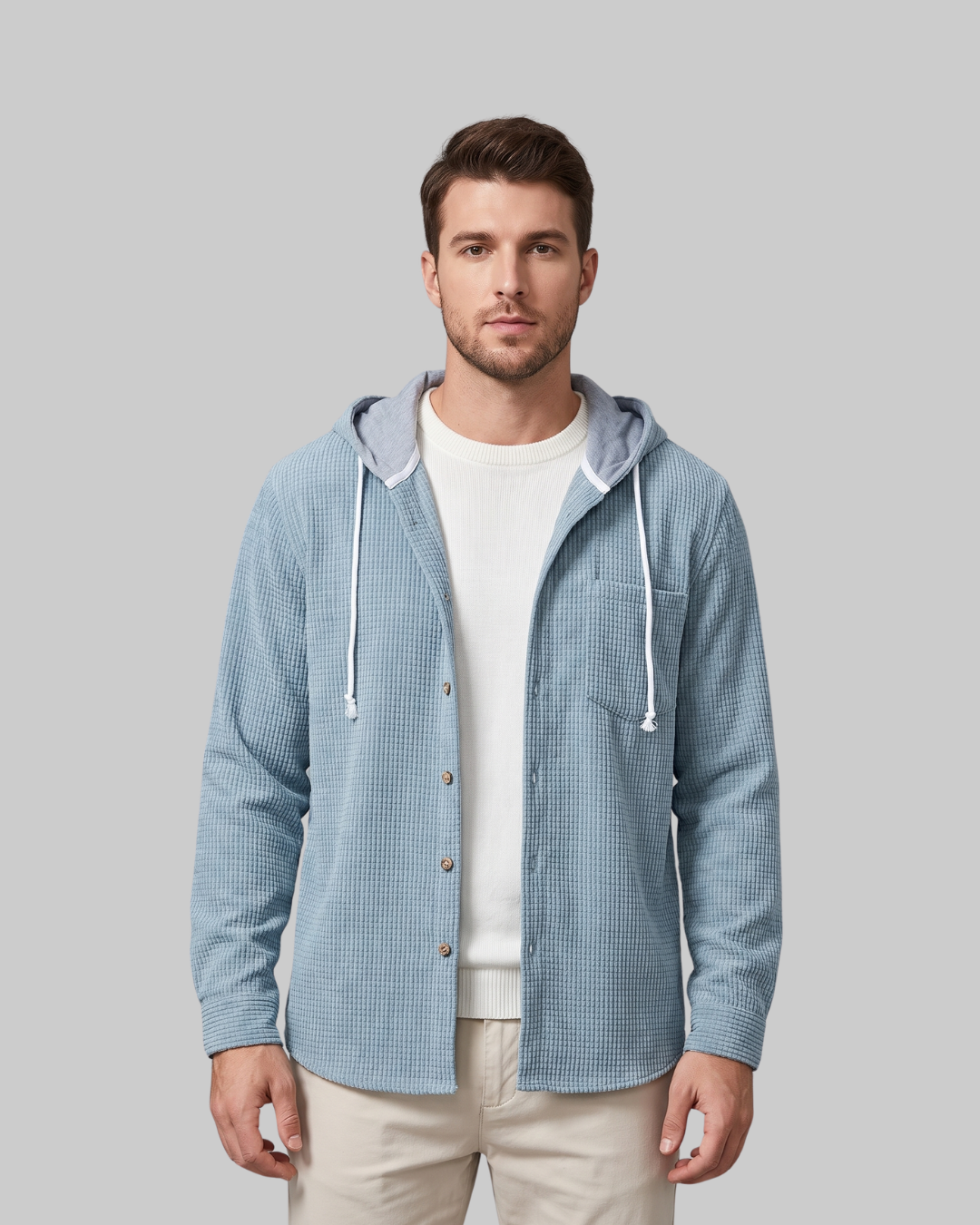 Men's Waffle Button-Front Hoodie in sky blue.
