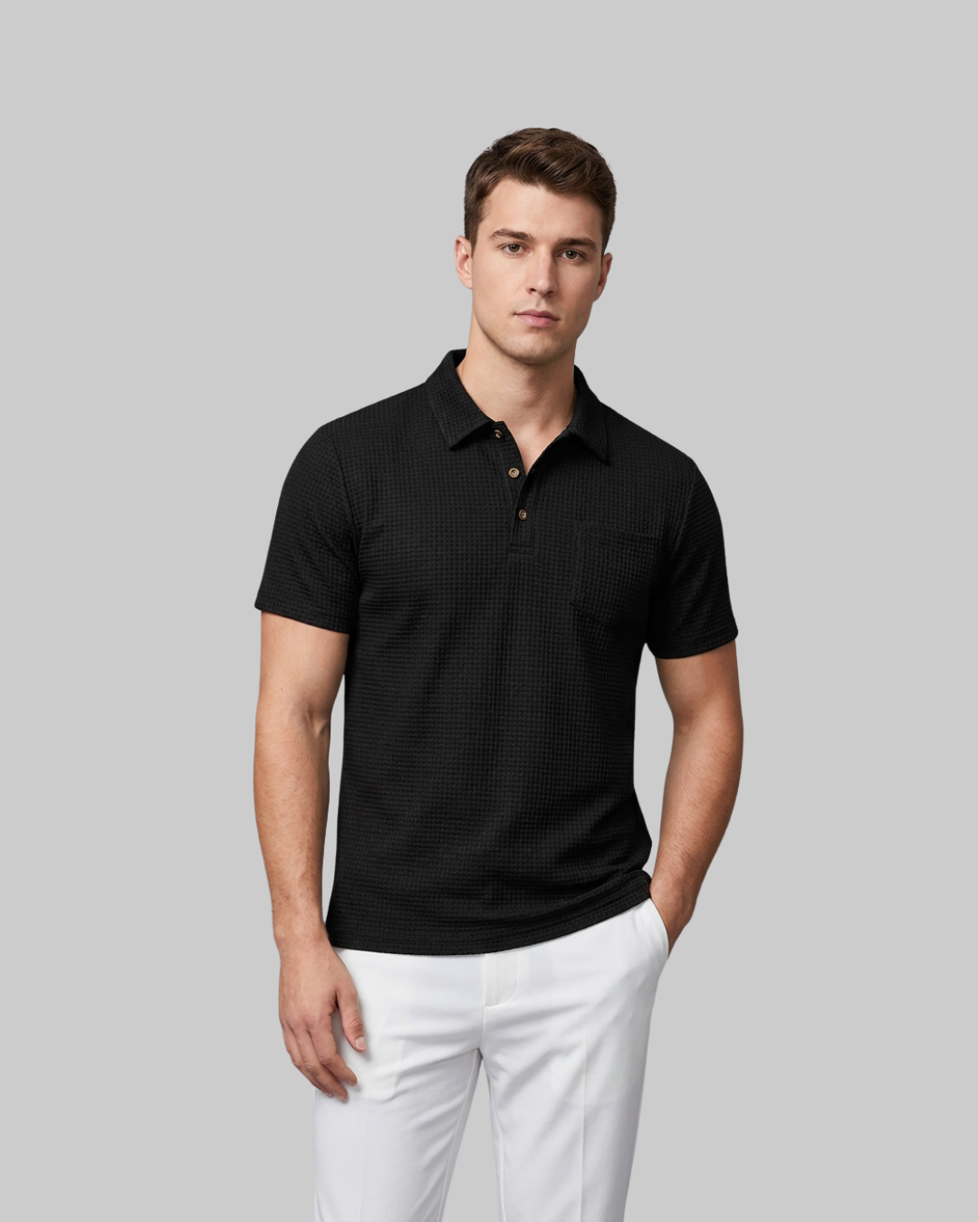 Men's Waffle Knit Polo Shirt in black.