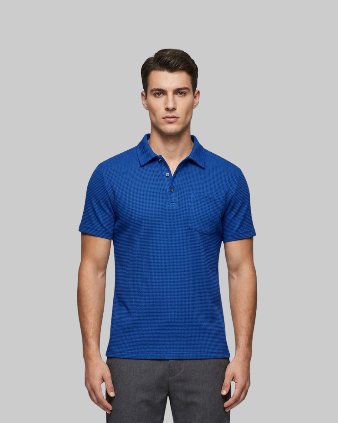 Men's Waffle Knit Polo Shirt in blue.