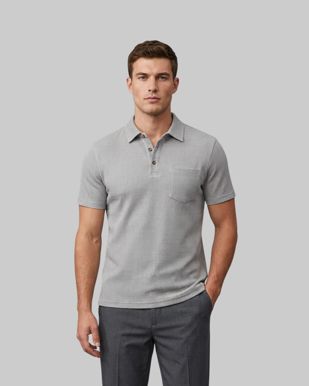 Men's Waffle Knit Polo Shirt in grey.