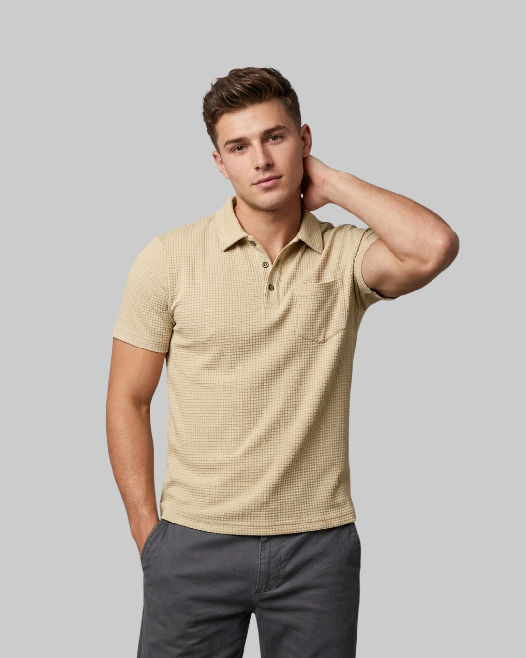 Men's Waffle Knit Polo Shirt in khaki.