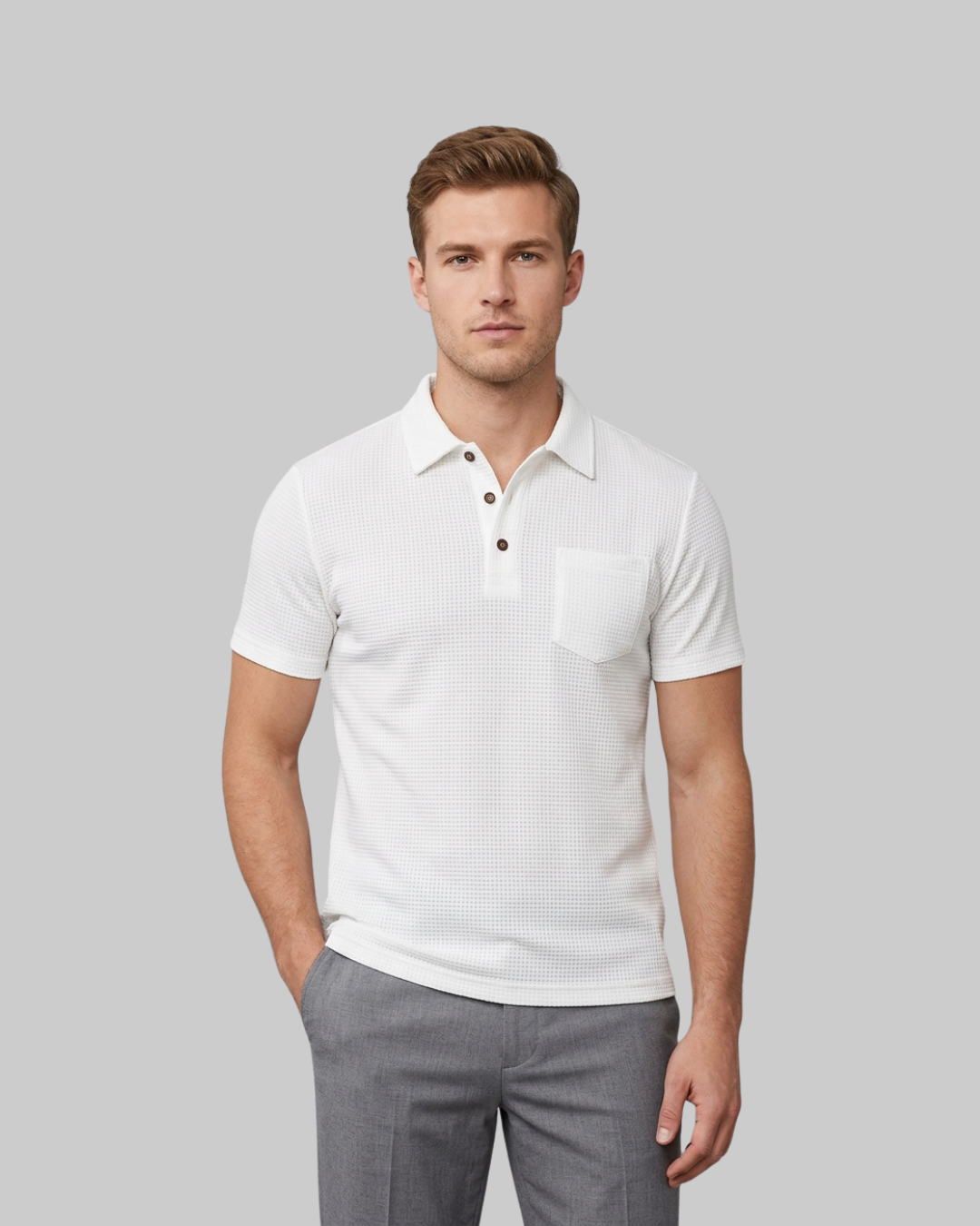 Men's Waffle Knit Polo Shirt in white.